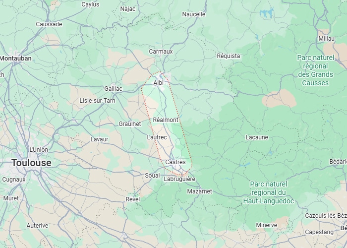 Carte Albi Castres Toulouse : Région Occitanie Carte du Sud-Ouest de la France montrant Toulouse, Albi, Castres et une zone délimitée par un trait rouge pointillé.