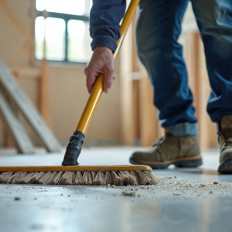 Nettoyage d'escalier en granit avec serpillière microfibre Mise au point sur une serpillière microfibre bleue et blanche nettoyant une marche d'escalier en granit moucheté, un seau bleu est visible en arrière-plan.