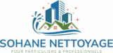 Logo SOHANE NETTOYAGE pour particuliers & professionnels : bâtiments, maisons, eau et éclats de propreté sur fond vert foncé.