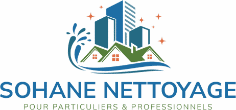 Logo SOHANE NETTOYAGE pour particuliers & professionnels : bâtiments, maisons, eau et éclats de propreté sur fond vert foncé.